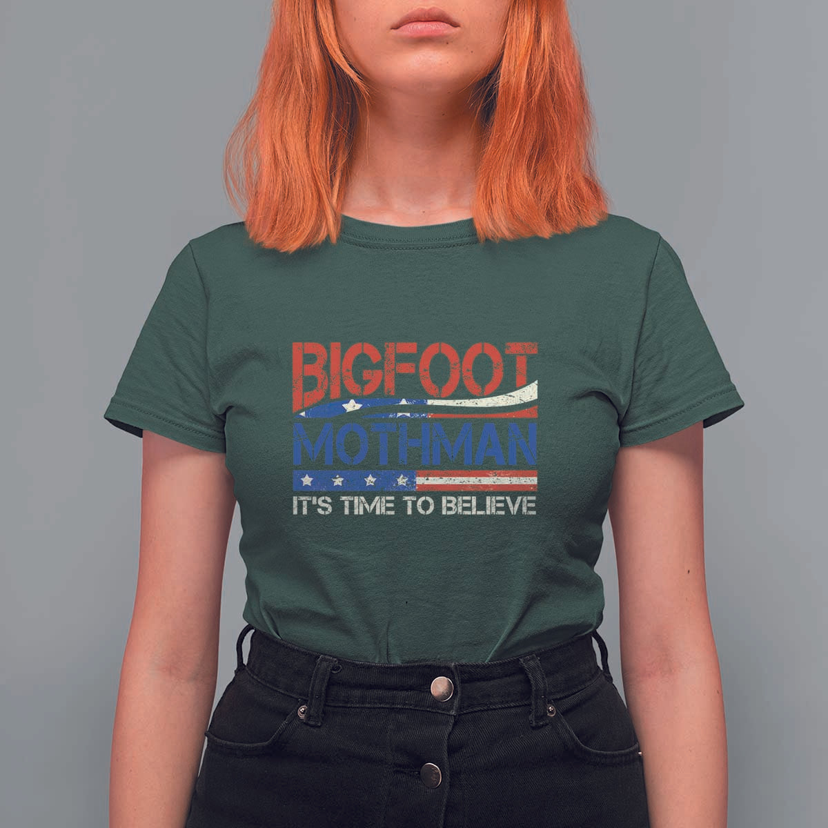 Funny Bigfoot Mothman T Shirt For Women It's Time To Believe American Flag President Election - Wonder Print Shop