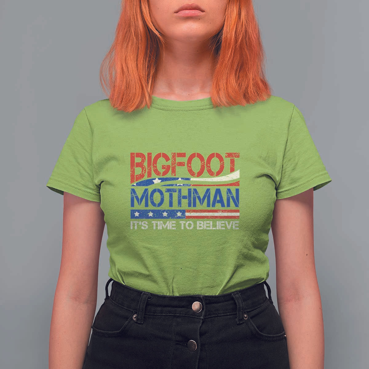 Funny Bigfoot Mothman T Shirt For Women It's Time To Believe American Flag President Election - Wonder Print Shop