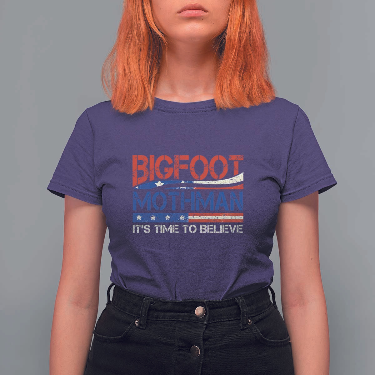 Funny Bigfoot Mothman T Shirt For Women It's Time To Believe American Flag President Election - Wonder Print Shop