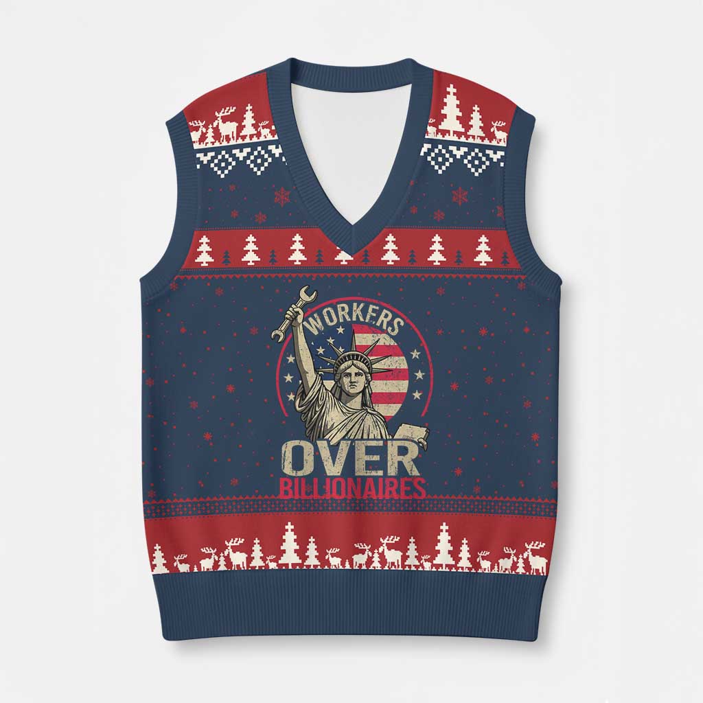 Workers Over Billionaires V-Neck Knit Sweater Vest Social Justice Statue Of Liberty - Wonder Print Shop