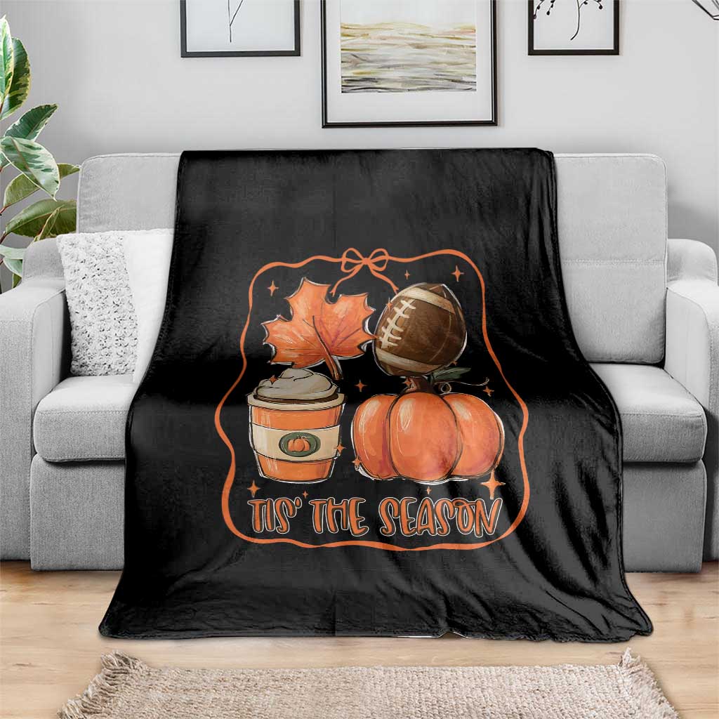 Tis The Season Fall Thanksgiving Throw Blanket Retro Coquette Bow American Football Pumpkin - Wonder Print Shop