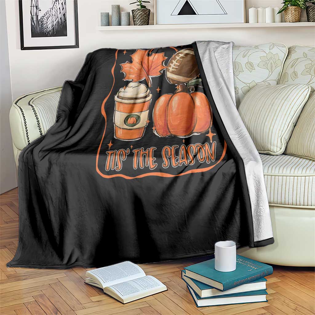 Tis The Season Fall Thanksgiving Throw Blanket Retro Coquette Bow American Football Pumpkin - Wonder Print Shop