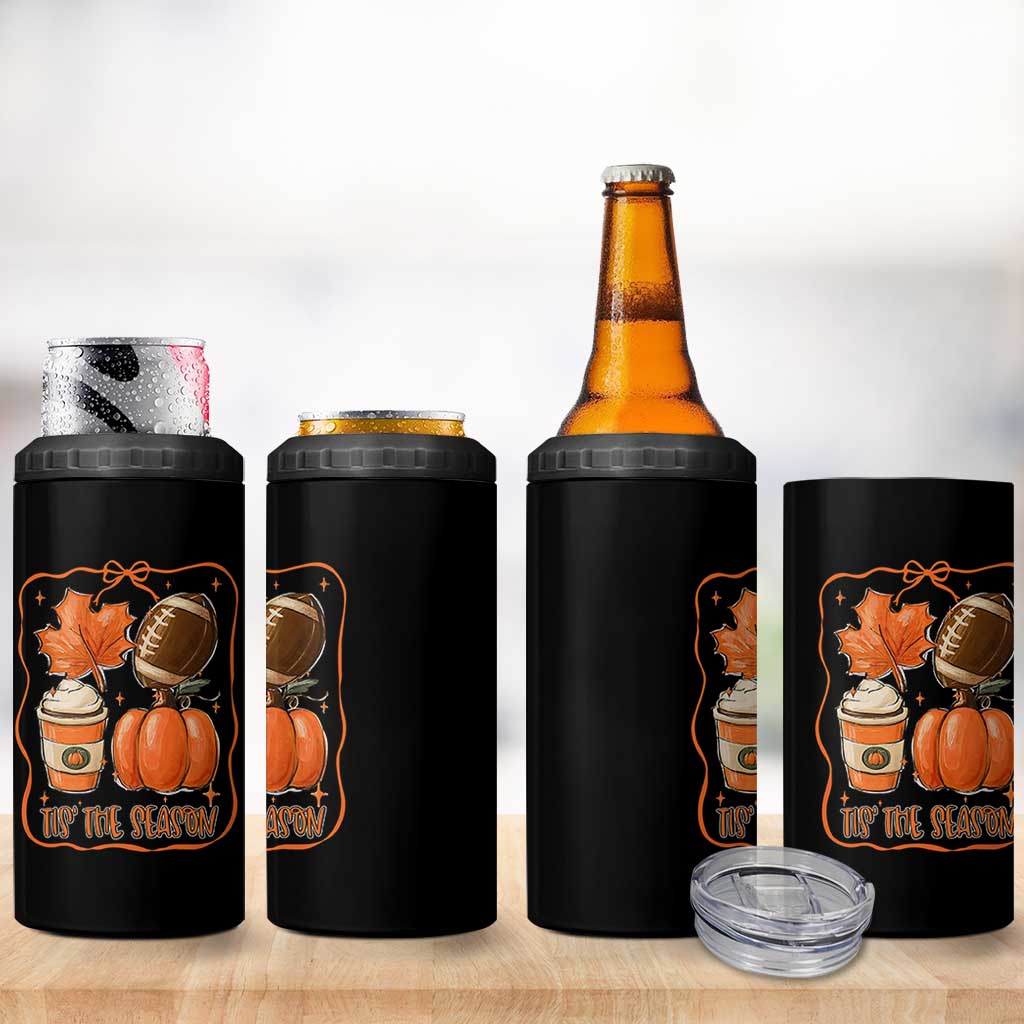 Tis The Season Fall Thanksgiving 4 in 1 Can Cooler Tumbler Retro Coquette Bow American Football Pumpkin - Wonder Print Shop