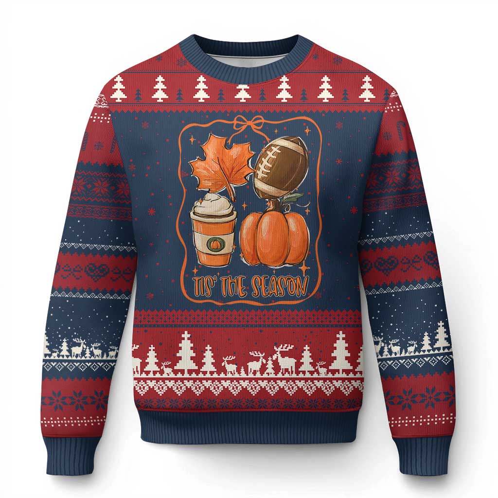 Tis The Season Fall Thanksgiving Ugly Christmas Sweater Retro Coquette Bow American Football Pumpkin - Wonder Print Shop
