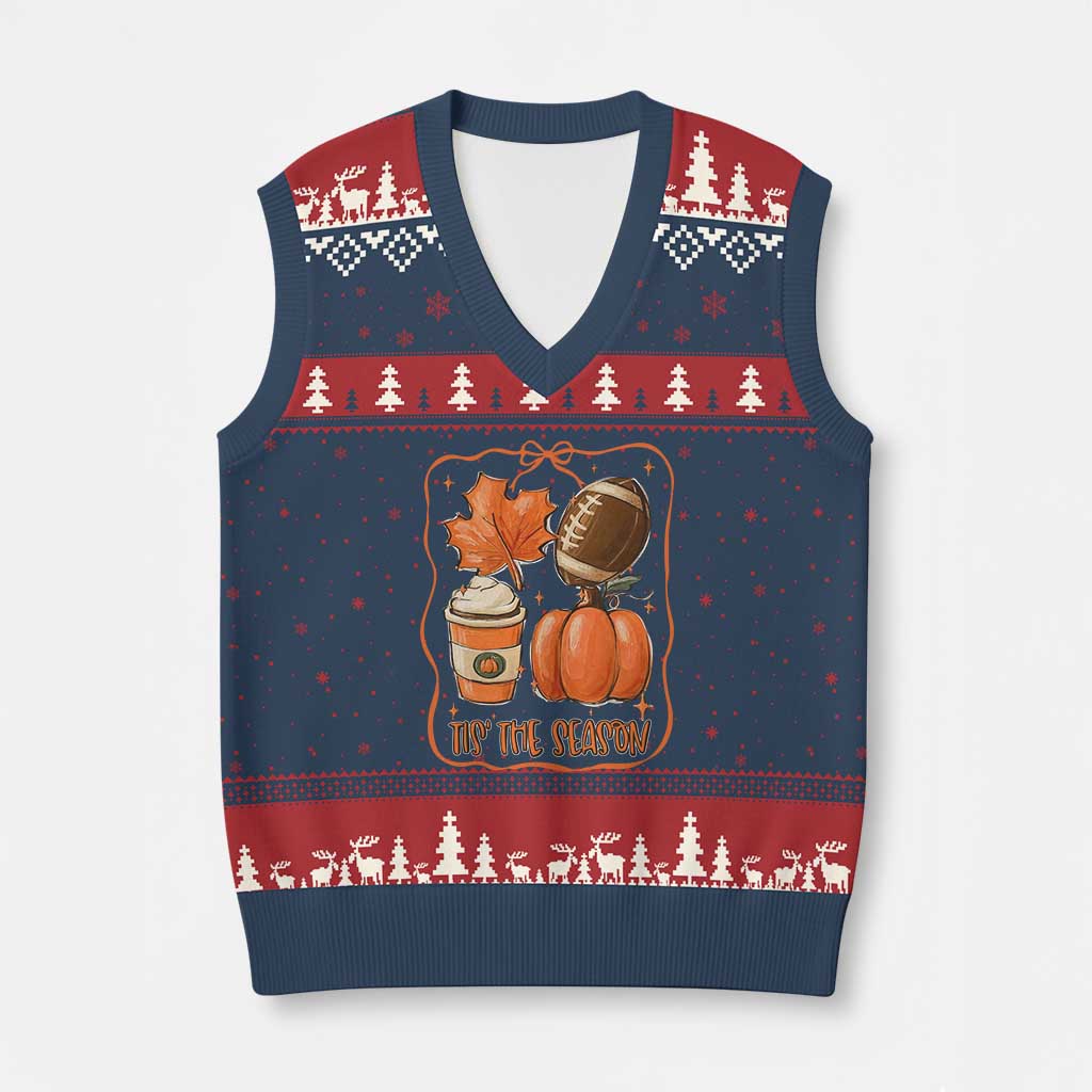 Tis The Season Fall Thanksgiving V-Neck Knit Sweater Vest Retro Coquette Bow American Football Pumpkin - Wonder Print Shop