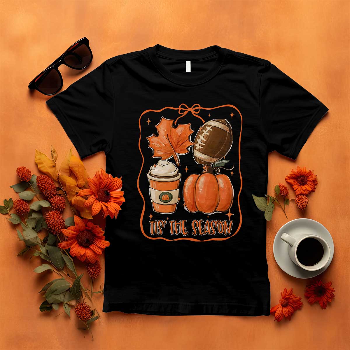 Tis The Season Fall Thanksgiving T Shirt Retro Coquette Bow American Football Pumpkin - Wonder Print Shop