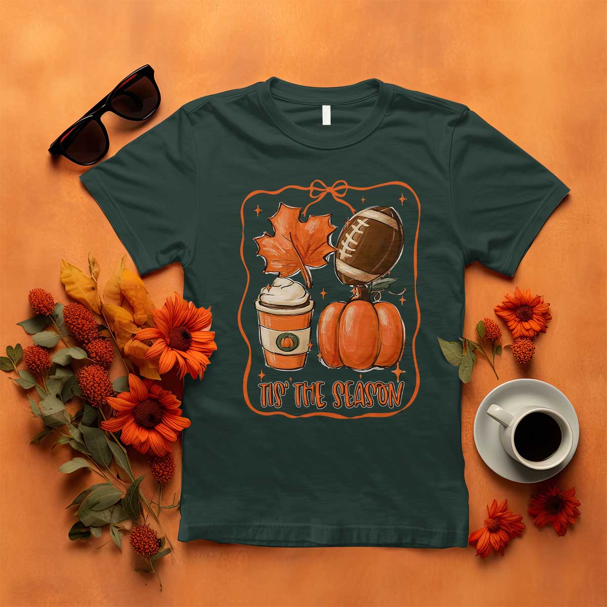 Tis The Season Fall Thanksgiving T Shirt Retro Coquette Bow American Football Pumpkin - Wonder Print Shop