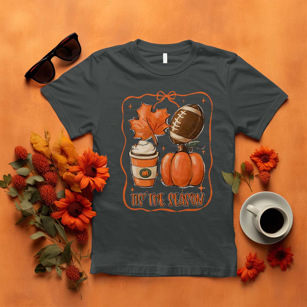 Tis The Season Fall Thanksgiving T Shirt Retro Coquette Bow American Football Pumpkin - Wonder Print Shop