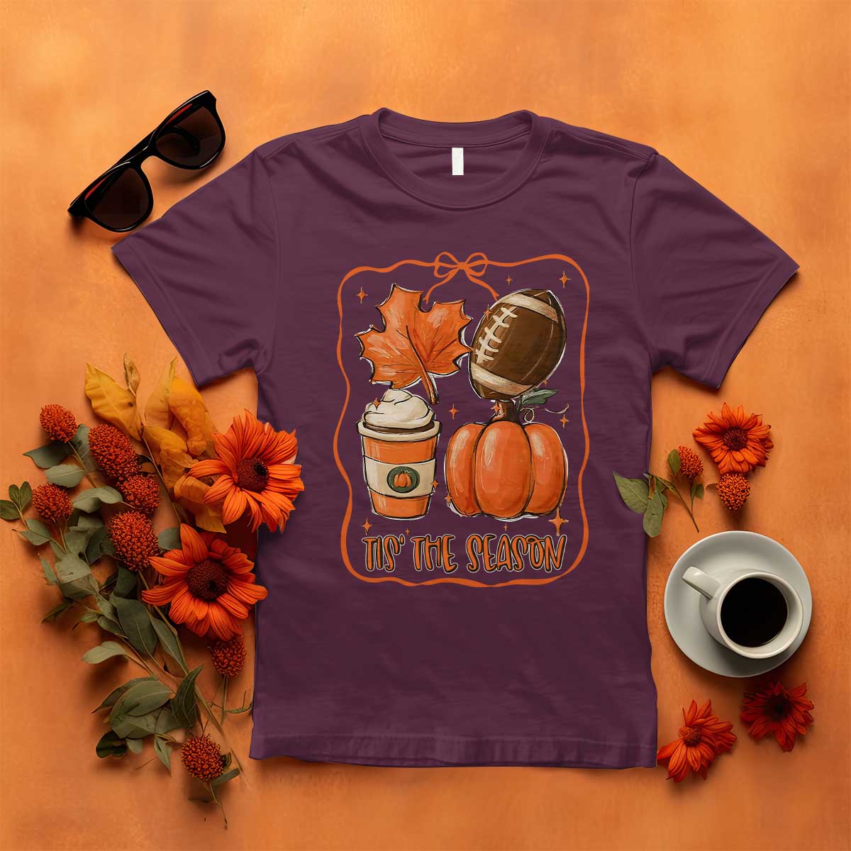 Tis The Season Fall Thanksgiving T Shirt Retro Coquette Bow American Football Pumpkin - Wonder Print Shop