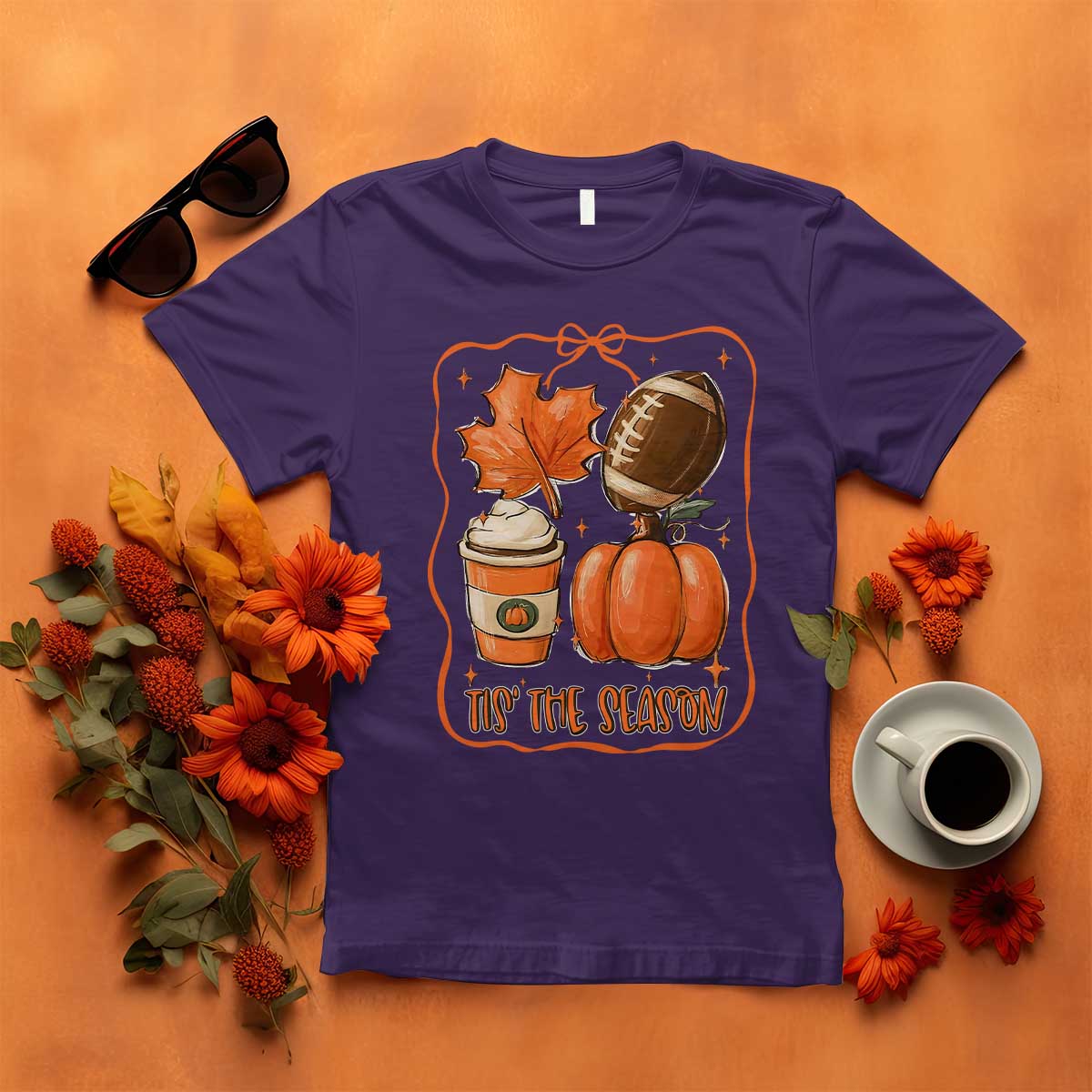 Tis The Season Fall Thanksgiving T Shirt Retro Coquette Bow American Football Pumpkin - Wonder Print Shop
