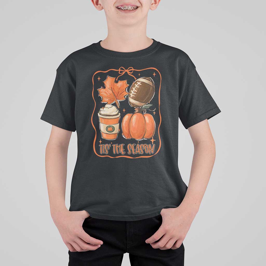 Tis The Season Fall Thanksgiving T Shirt For Kid Retro Coquette Bow American Football Pumpkin - Wonder Print Shop