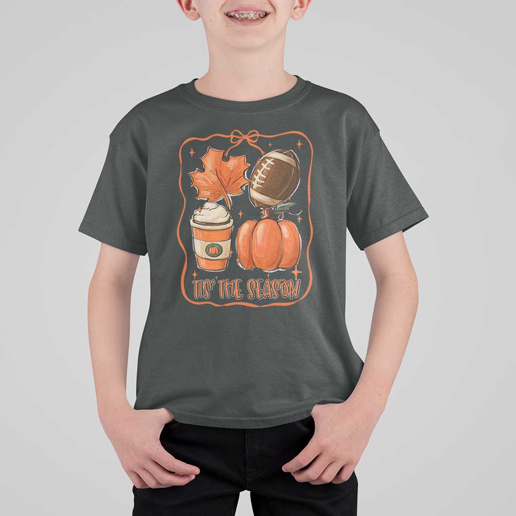 Tis The Season Fall Thanksgiving T Shirt For Kid Retro Coquette Bow American Football Pumpkin - Wonder Print Shop