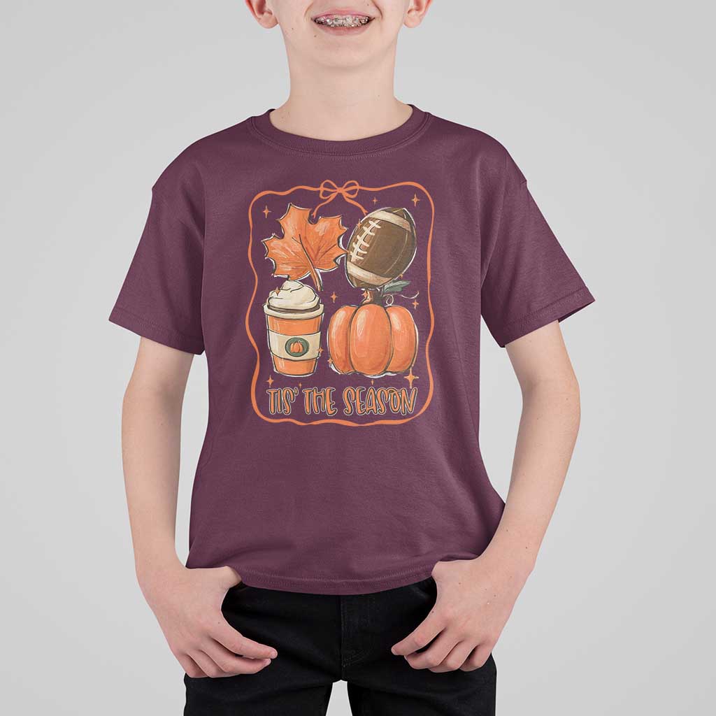Tis The Season Fall Thanksgiving T Shirt For Kid Retro Coquette Bow American Football Pumpkin - Wonder Print Shop
