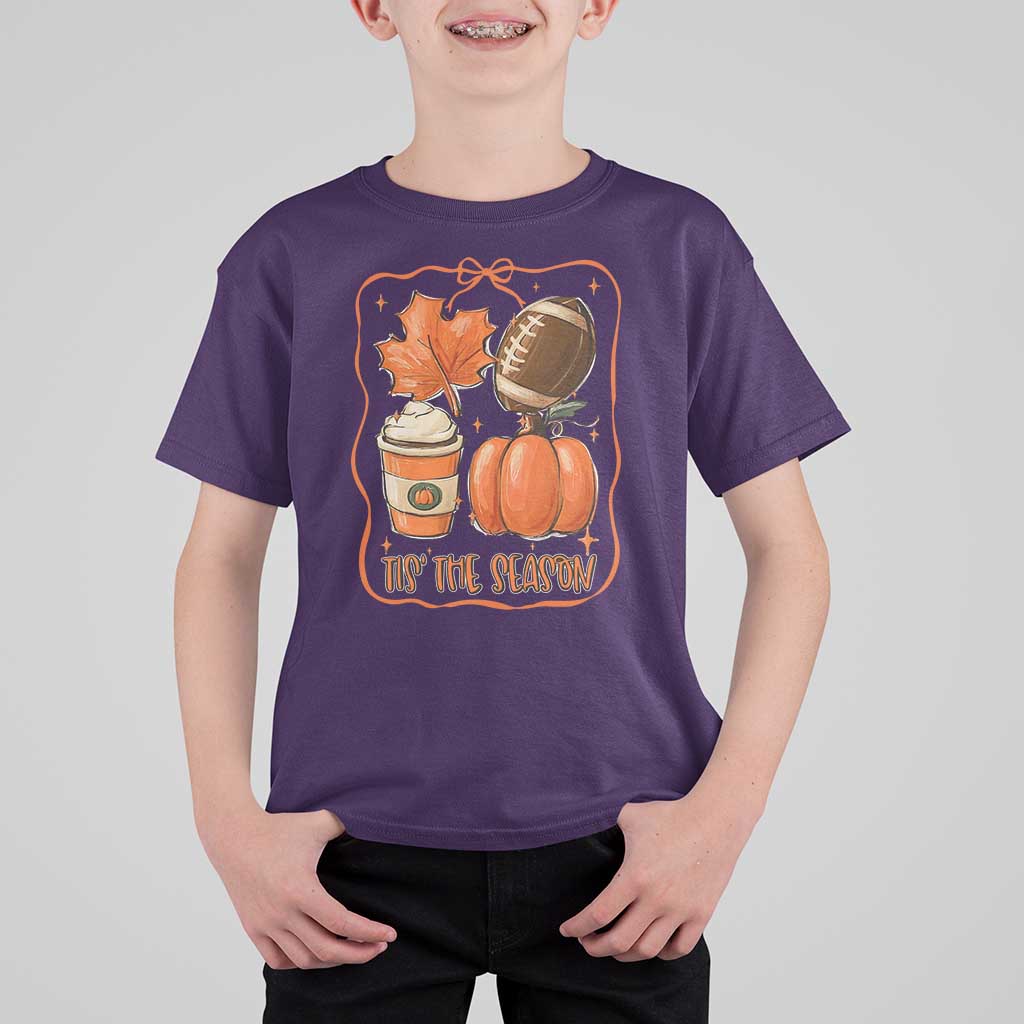 Tis The Season Fall Thanksgiving T Shirt For Kid Retro Coquette Bow American Football Pumpkin - Wonder Print Shop