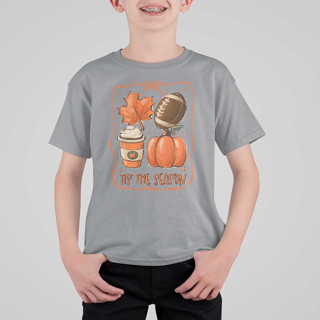 Tis The Season Fall Thanksgiving T Shirt For Kid Retro Coquette Bow American Football Pumpkin - Wonder Print Shop