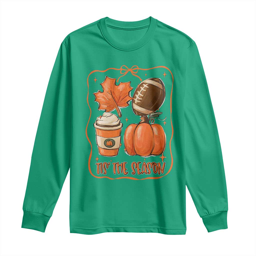 Tis The Season Fall Thanksgiving Long Sleeve Shirt Retro Coquette Bow American Football Pumpkin - Wonder Print Shop
