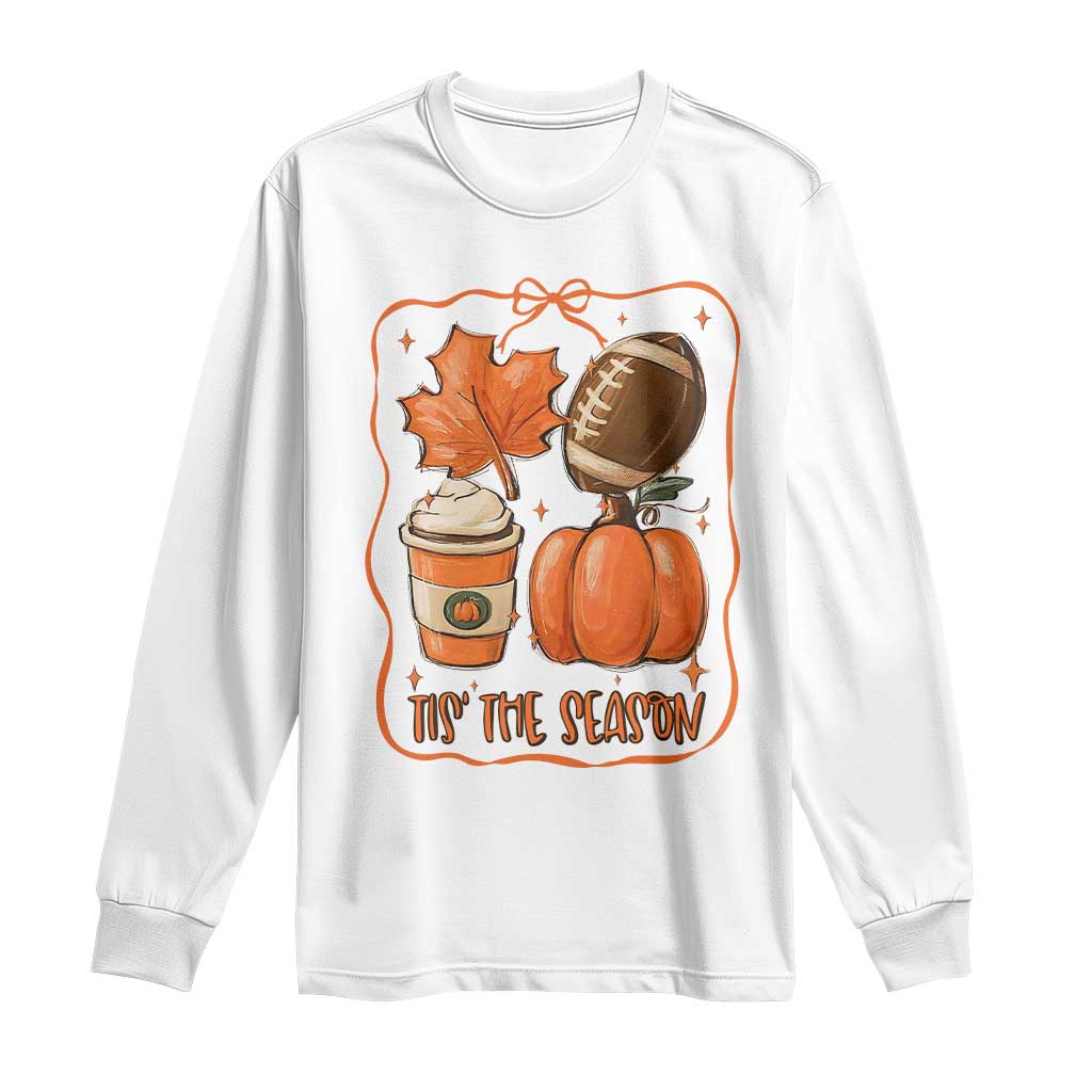 Tis The Season Fall Thanksgiving Long Sleeve Shirt Retro Coquette Bow American Football Pumpkin - Wonder Print Shop