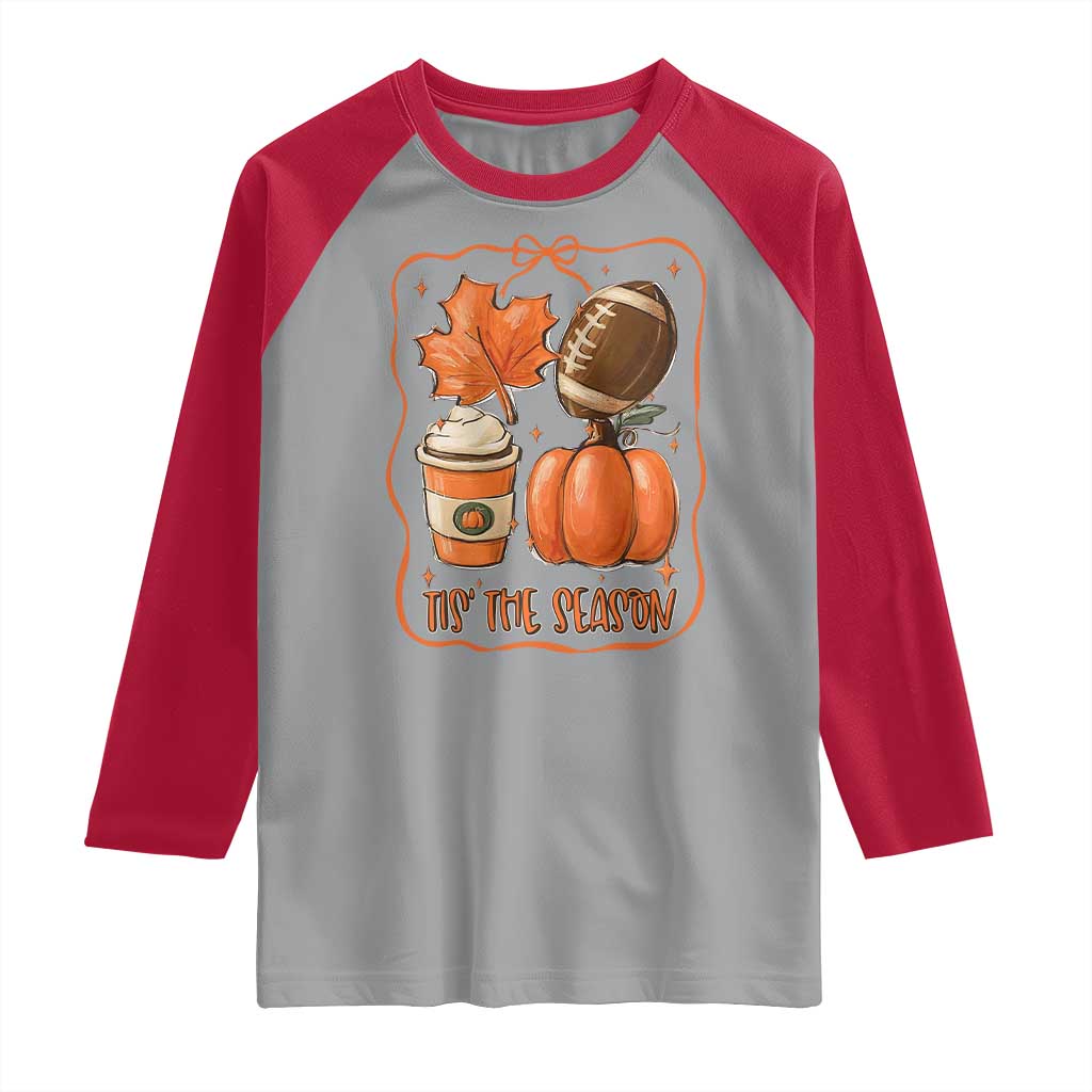 Tis The Season Fall Thanksgiving Raglan Shirt Retro Coquette Bow American Football Pumpkin - Wonder Print Shop