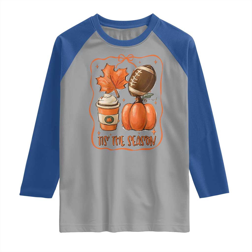 Tis The Season Fall Thanksgiving Raglan Shirt Retro Coquette Bow American Football Pumpkin - Wonder Print Shop