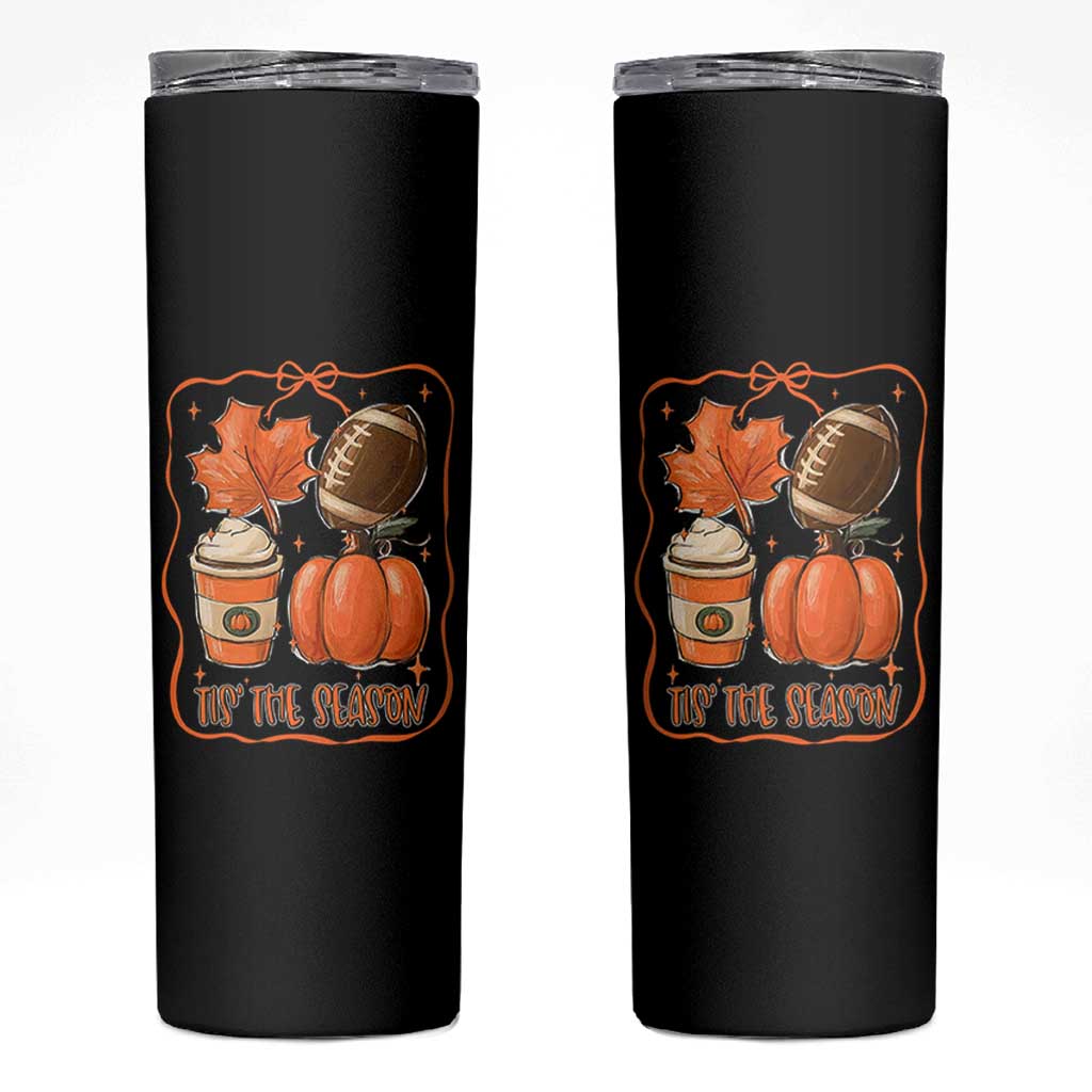 Tis The Season Fall Thanksgiving Skinny Tumbler Retro Coquette Bow American Football Pumpkin - Wonder Print Shop