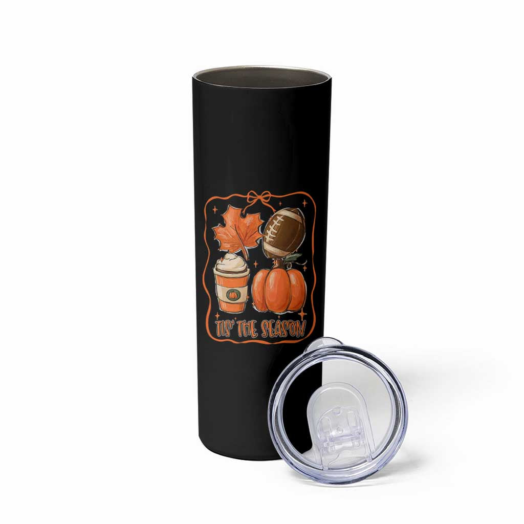 Tis The Season Fall Thanksgiving Skinny Tumbler Retro Coquette Bow American Football Pumpkin - Wonder Print Shop