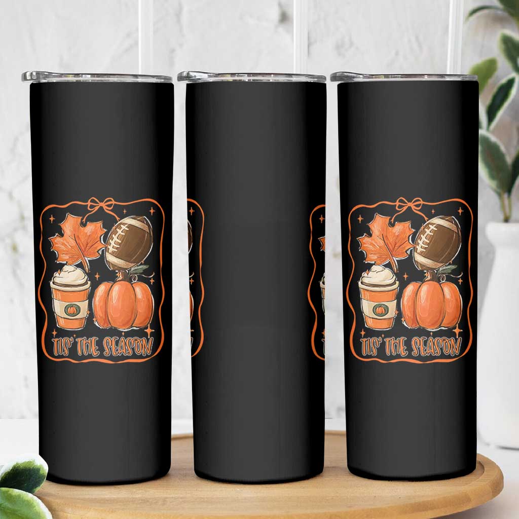 Tis The Season Fall Thanksgiving Skinny Tumbler Retro Coquette Bow American Football Pumpkin - Wonder Print Shop