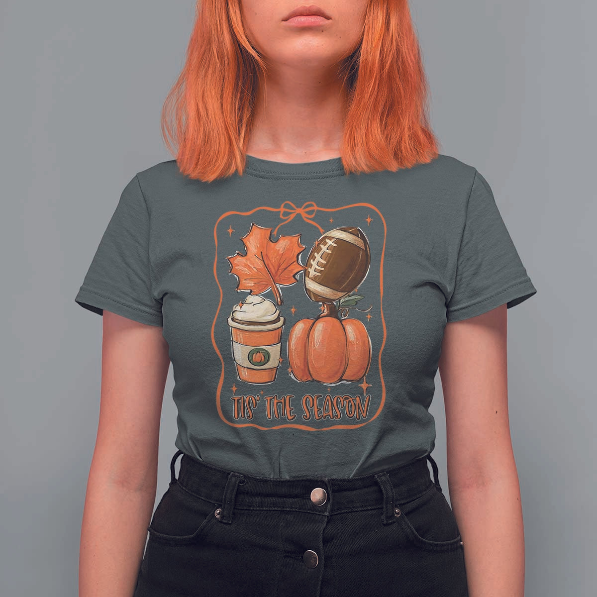 Tis The Season Fall Thanksgiving T Shirt For Women Retro Coquette Bow American Football Pumpkin - Wonder Print Shop