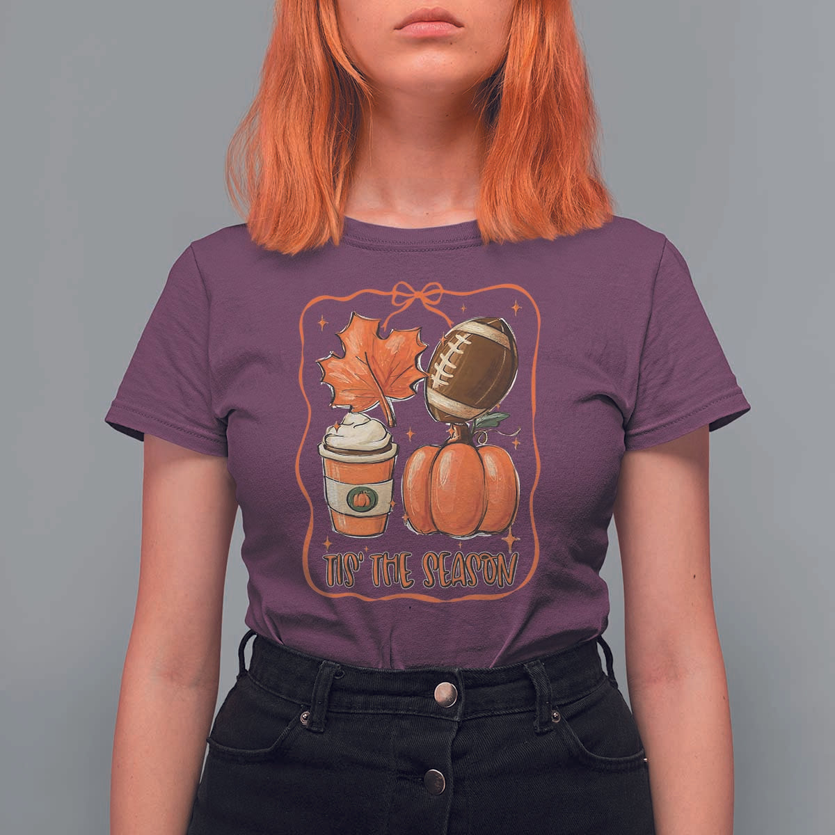 Tis The Season Fall Thanksgiving T Shirt For Women Retro Coquette Bow American Football Pumpkin - Wonder Print Shop