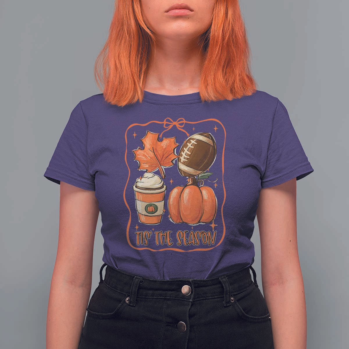 Tis The Season Fall Thanksgiving T Shirt For Women Retro Coquette Bow American Football Pumpkin - Wonder Print Shop