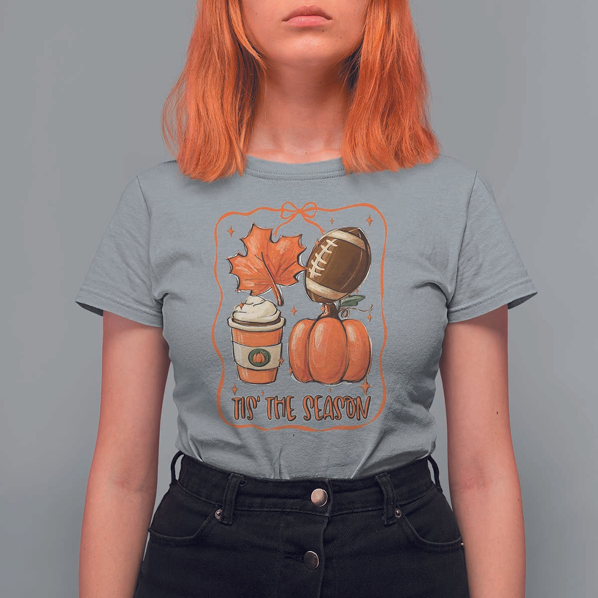 Tis The Season Fall Thanksgiving T Shirt For Women Retro Coquette Bow American Football Pumpkin - Wonder Print Shop