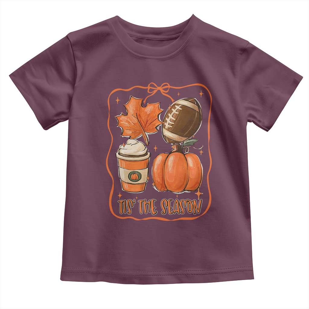 Tis The Season Fall Thanksgiving Toddler T Shirt Retro Coquette Bow American Football Pumpkin - Wonder Print Shop