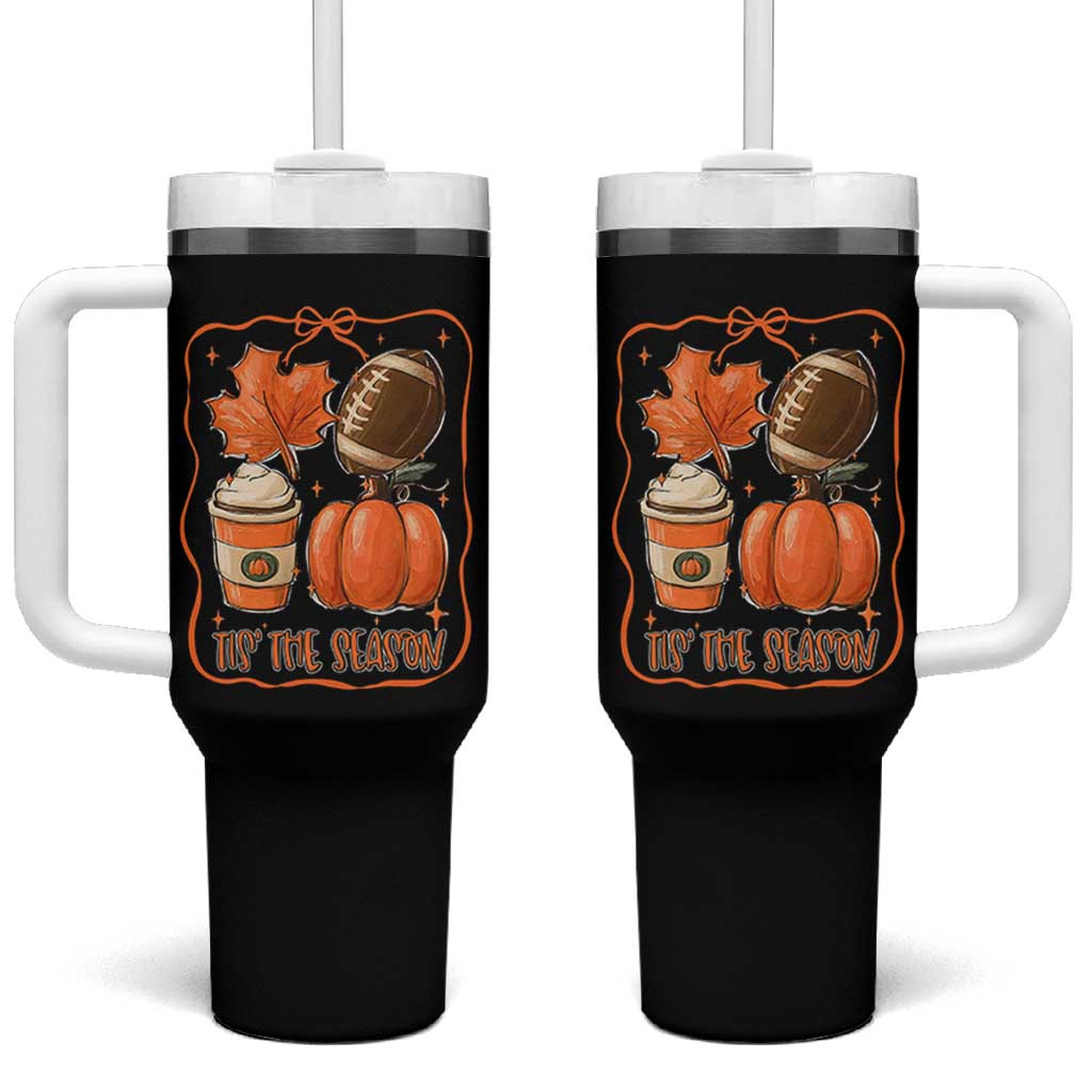 Tis The Season Fall Thanksgiving Tumbler With Handle Retro Coquette Bow American Football Pumpkin - Wonder Print Shop