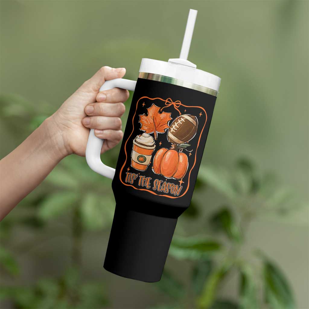 Tis The Season Fall Thanksgiving Tumbler With Handle Retro Coquette Bow American Football Pumpkin - Wonder Print Shop