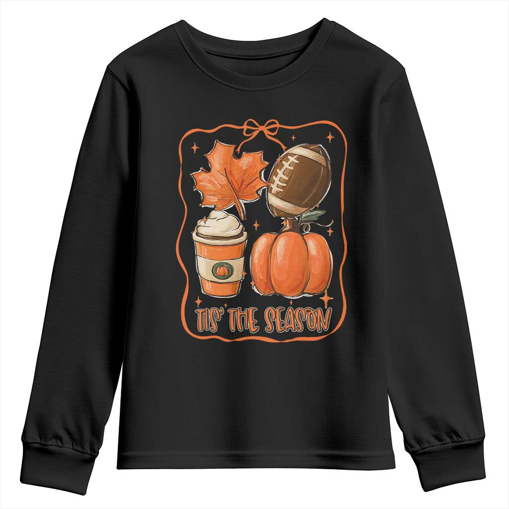 Tis The Season Fall Thanksgiving Youth Sweatshirt Retro Coquette Bow American Football Pumpkin - Wonder Print Shop