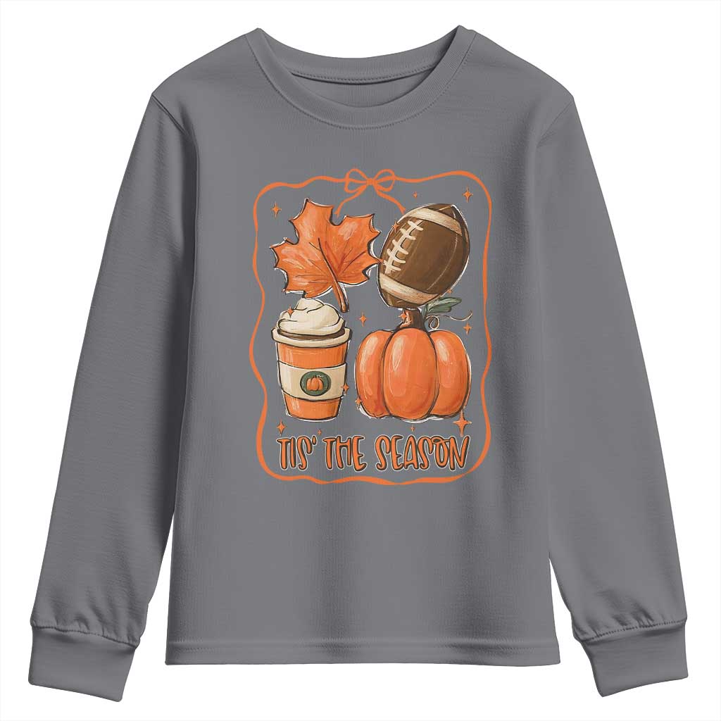 Tis The Season Fall Thanksgiving Youth Sweatshirt Retro Coquette Bow American Football Pumpkin - Wonder Print Shop