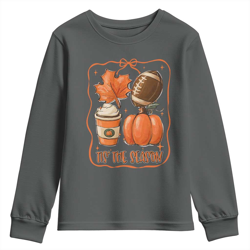 Tis The Season Fall Thanksgiving Youth Sweatshirt Retro Coquette Bow American Football Pumpkin - Wonder Print Shop