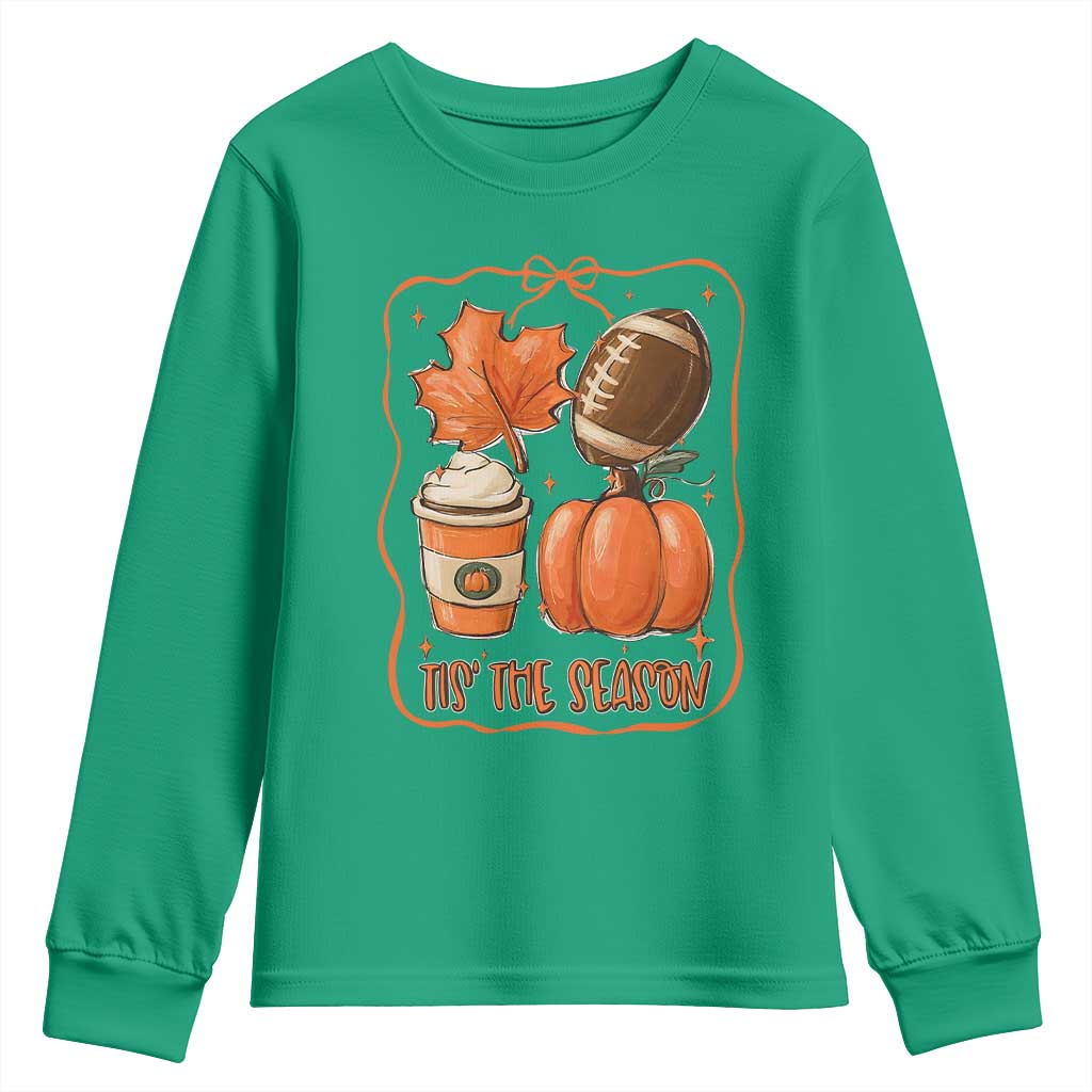 Tis The Season Fall Thanksgiving Youth Sweatshirt Retro Coquette Bow American Football Pumpkin - Wonder Print Shop