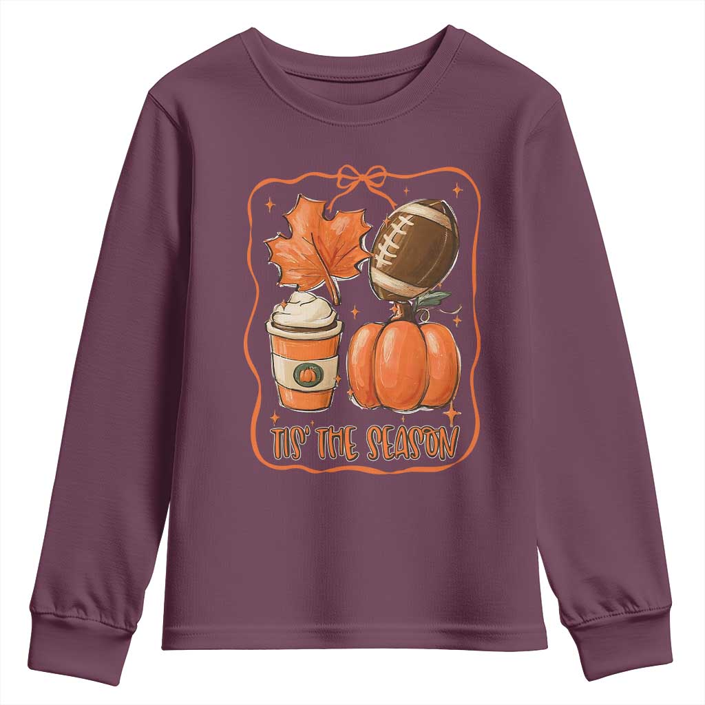 Tis The Season Fall Thanksgiving Youth Sweatshirt Retro Coquette Bow American Football Pumpkin - Wonder Print Shop