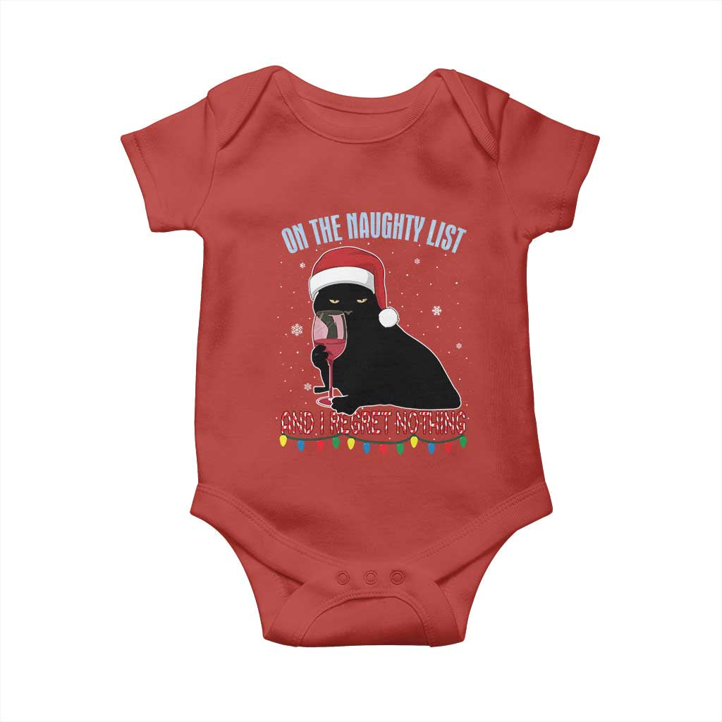 Funny Christmas Black Cat Baby Onesie On The Naughty List And I Regret Nothing Candy Cane