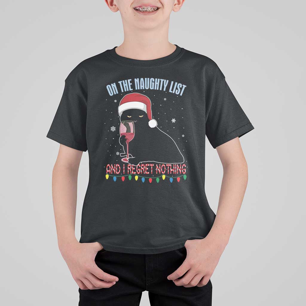 Funny Christmas Black Cat T Shirt For Kid On The Naughty List And I Regret Nothing Candy Cane - Wonder Print Shop