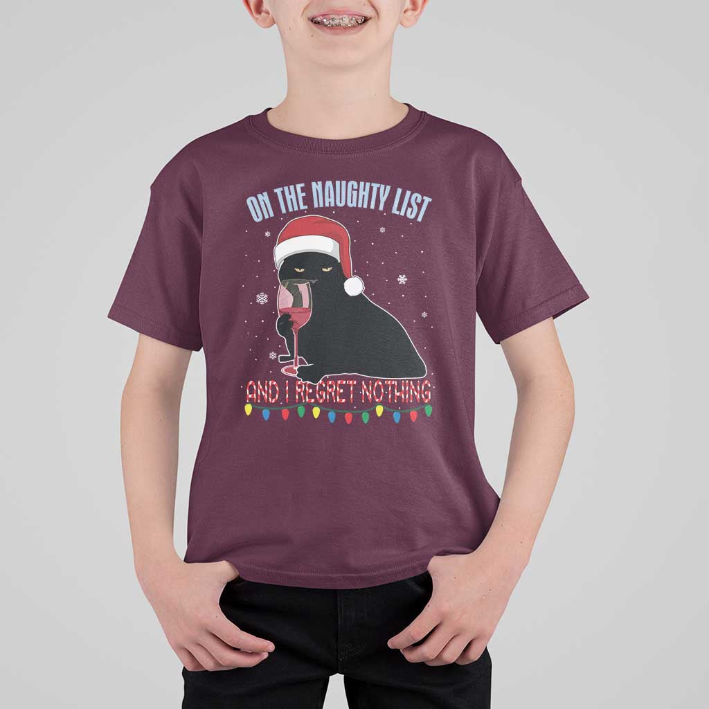 Funny Christmas Black Cat T Shirt For Kid On The Naughty List And I Regret Nothing Candy Cane - Wonder Print Shop