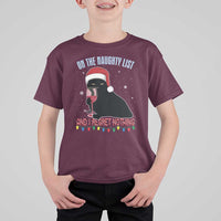 Funny Christmas Black Cat T Shirt For Kid On The Naughty List And I Regret Nothing Candy Cane - Wonder Print Shop