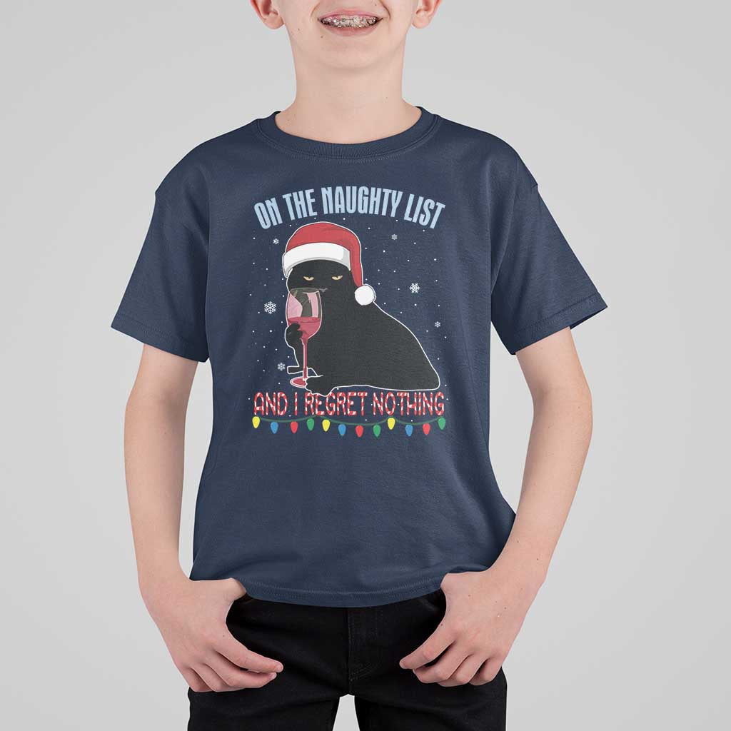 Funny Christmas Black Cat T Shirt For Kid On The Naughty List And I Regret Nothing Candy Cane - Wonder Print Shop