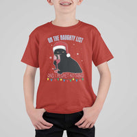Funny Christmas Black Cat T Shirt For Kid On The Naughty List And I Regret Nothing Candy Cane - Wonder Print Shop