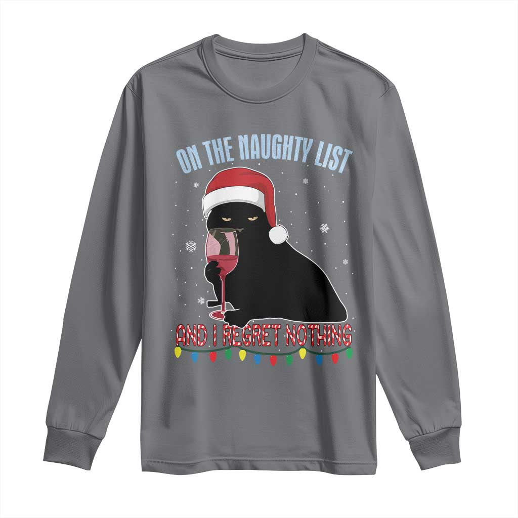 Funny Christmas Black Cat Long Sleeve Shirt On The Naughty List And I Regret Nothing Candy Cane