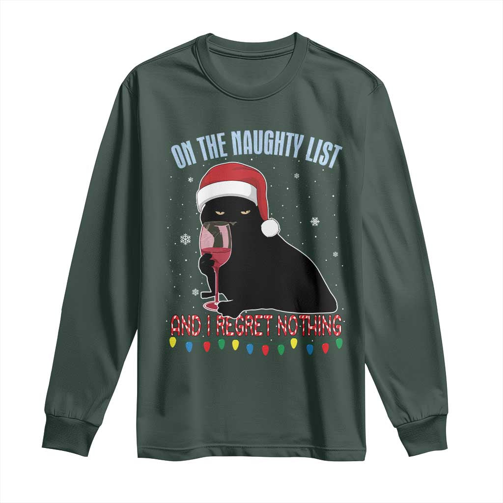 Funny Christmas Black Cat Long Sleeve Shirt On The Naughty List And I Regret Nothing Candy Cane