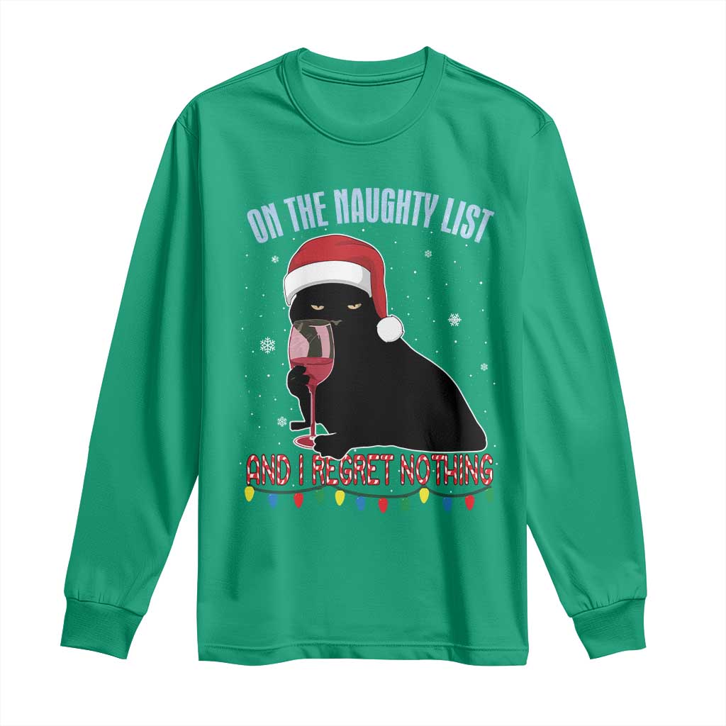 Funny Christmas Black Cat Long Sleeve Shirt On The Naughty List And I Regret Nothing Candy Cane