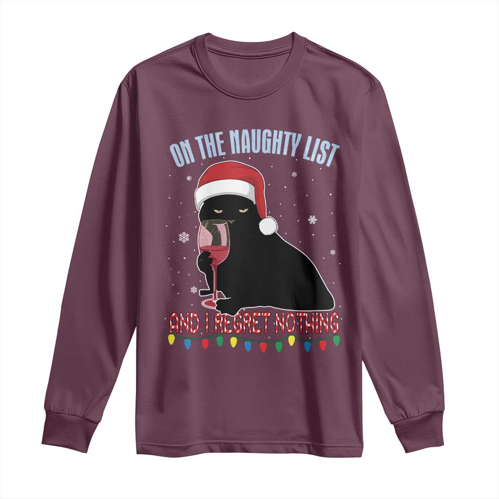 Funny Christmas Black Cat Long Sleeve Shirt On The Naughty List And I Regret Nothing Candy Cane