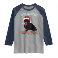 Funny Christmas Black Cat Raglan Shirt On The Naughty List And I Regret Nothing Candy Cane - Wonder Print Shop