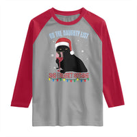 Funny Christmas Black Cat Raglan Shirt On The Naughty List And I Regret Nothing Candy Cane - Wonder Print Shop